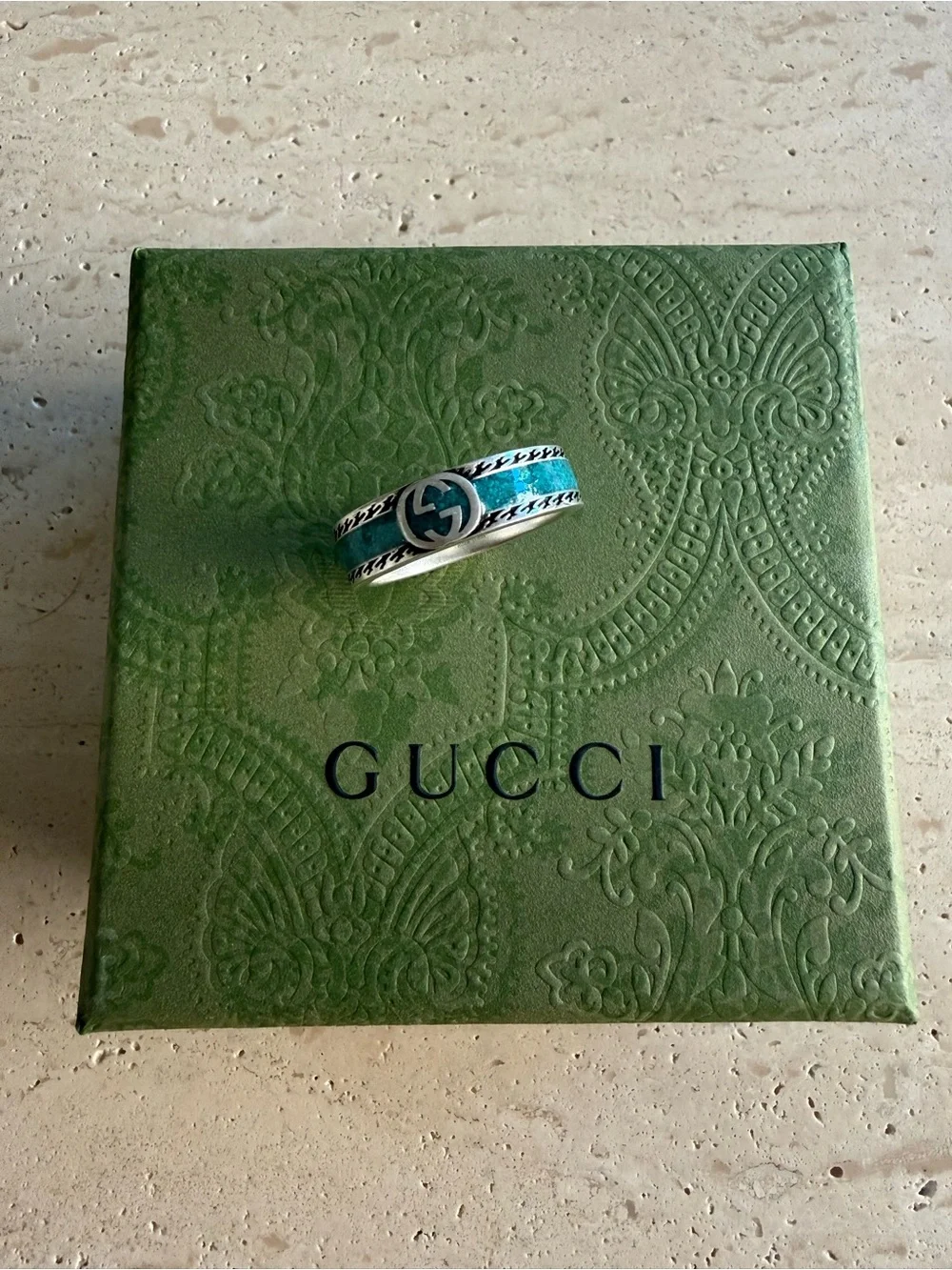NWT GUCCI INTERLOCKING G RING STERLING SILVER TURQUOISE ENAMEL DESIGNER SIZE: 21